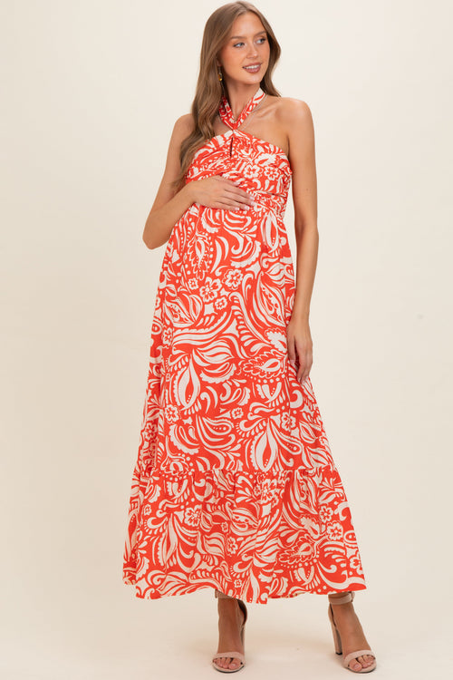 Coral Printed Halter Neck Keyhole Maternity Maxi Dress