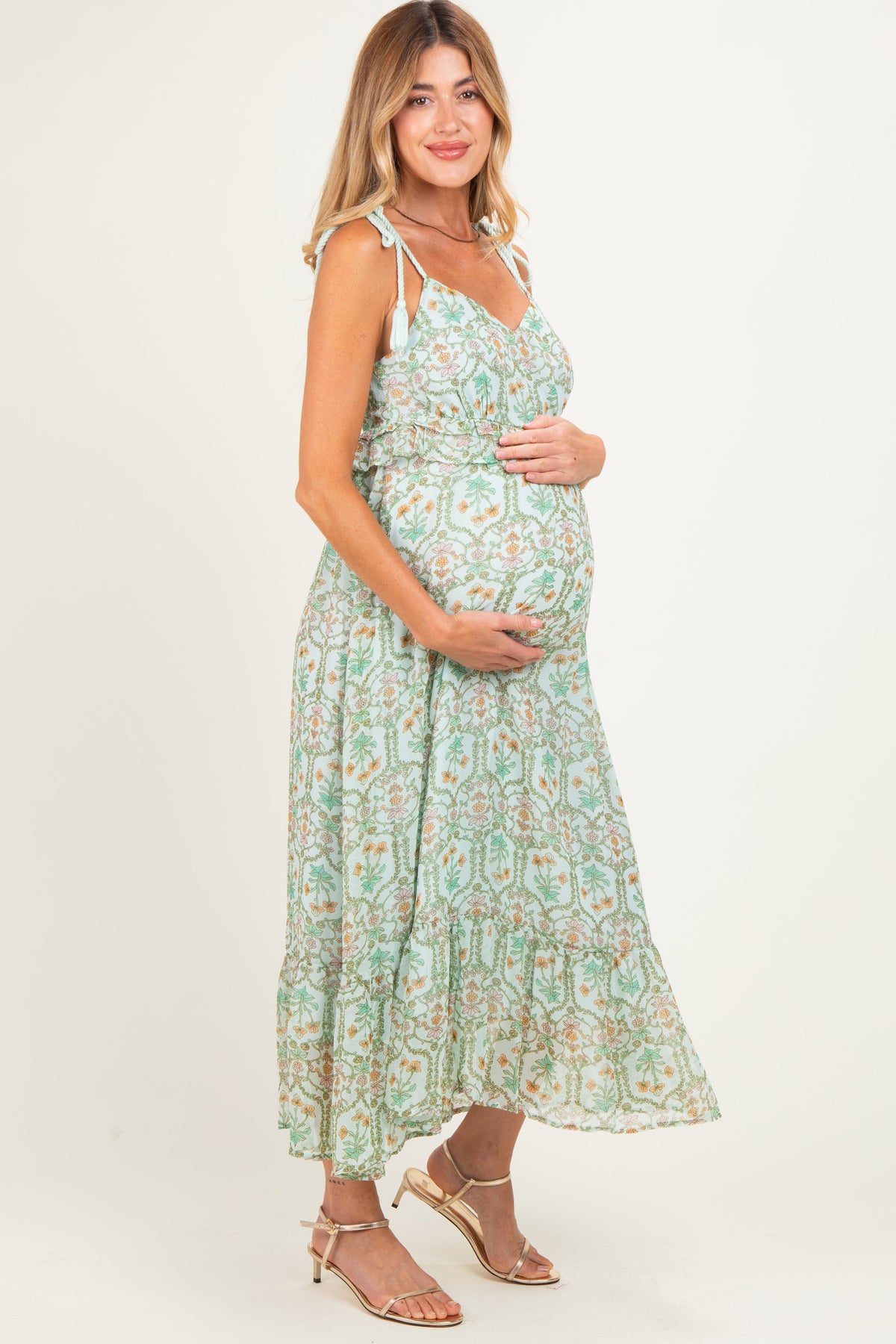 Light Mint Floral Tassel Strap Maternity Midi Dress