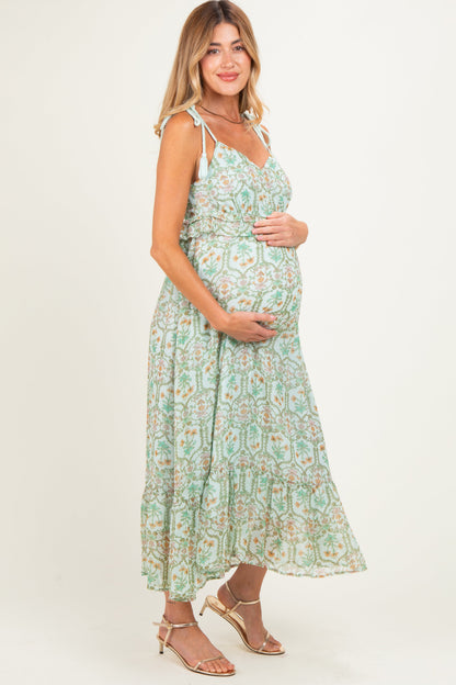 Light Mint Floral Tassel Strap Maternity Midi Dress