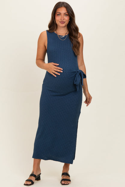 Midnight Jacquard Sleeveless Side Tie Maternity Midi Dress