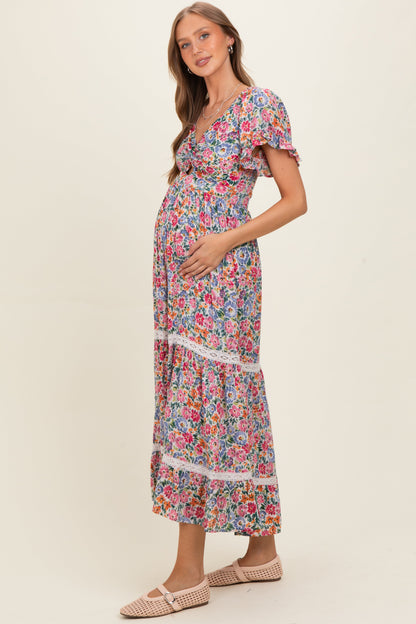 Ivory V Neck Twist Front Cut Out Floral Print Maternity Maxi Dress