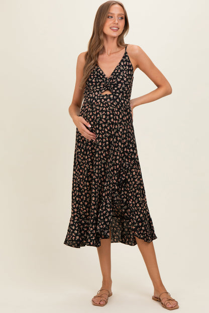 Black V Neck Twist Front Cut Out Side Ruffle Slit Maternity Midi Dress