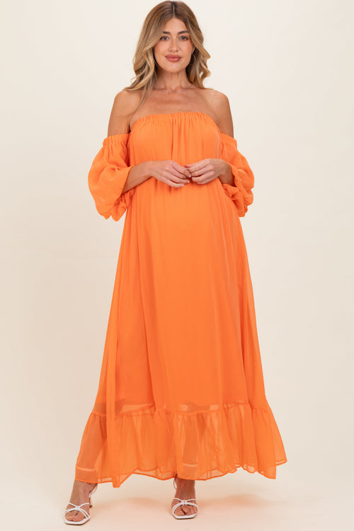 Orange Chiffon Off Shoulder Maternity Maxi Dress