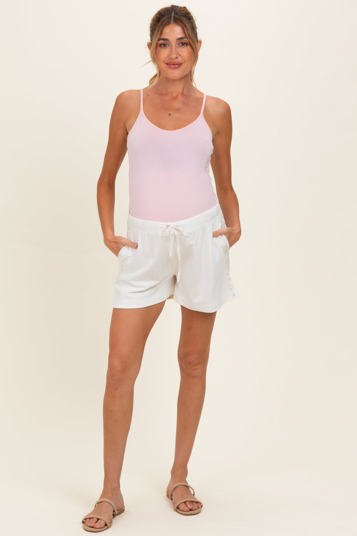 White Floral Print Side Stripe Maternity Shorts