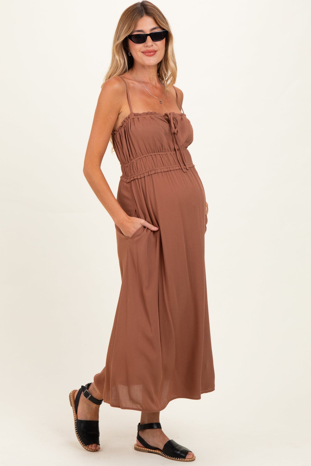 Brown Solid Smocked Maternity Maxi Dress