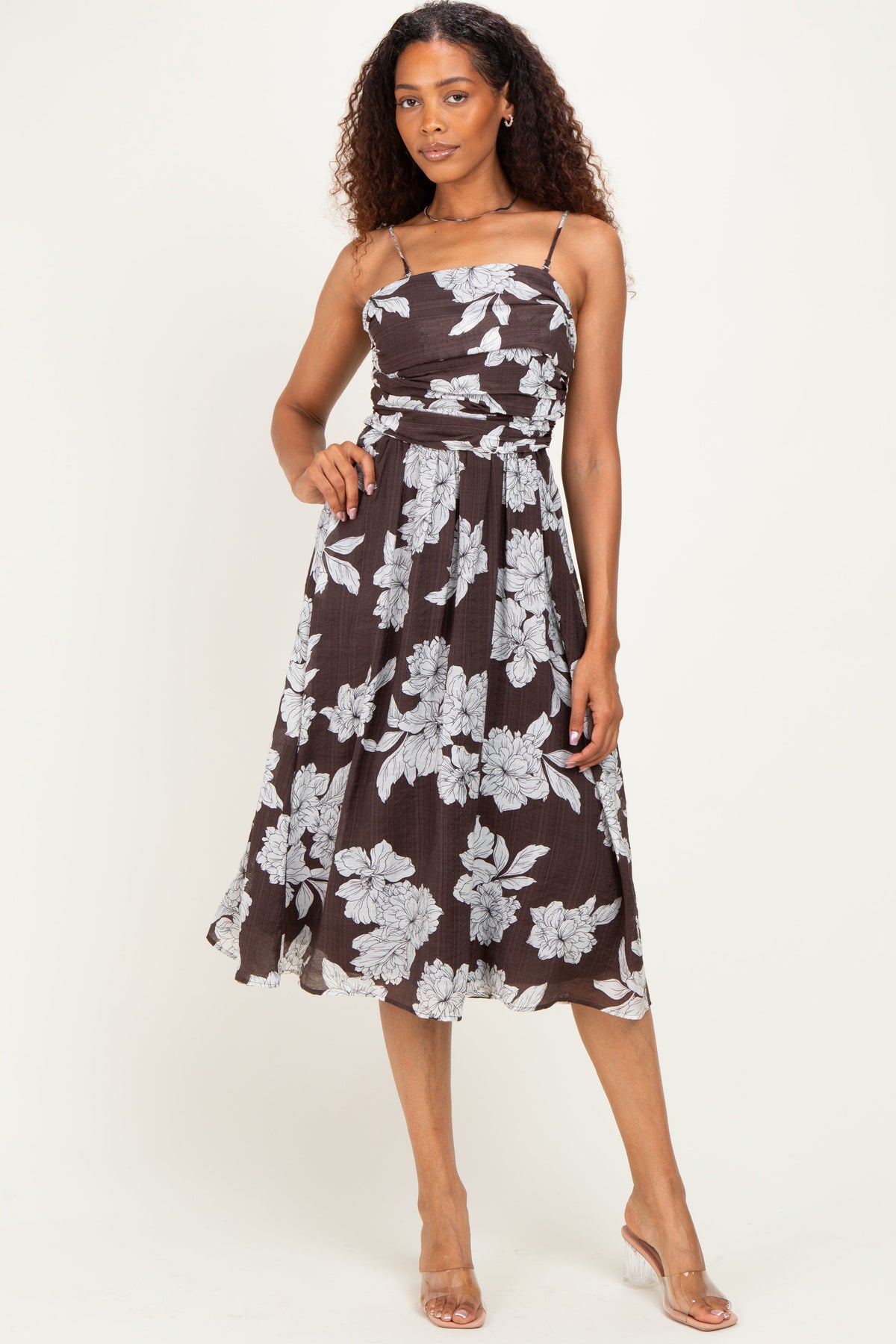 Brown Floral Tie Back Maternity Midi Dress