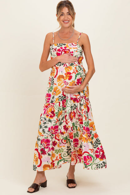 Cream Floral Tiered Maternity Midi Dress