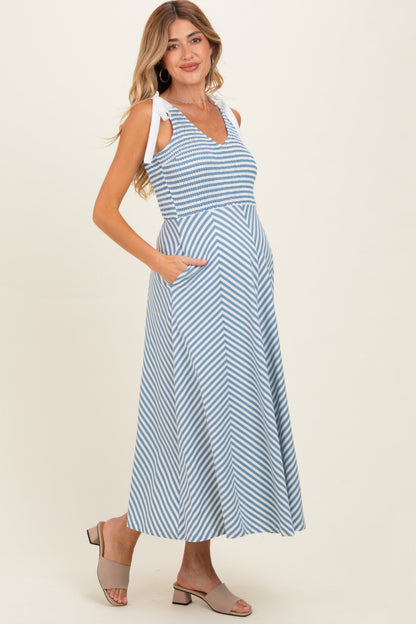 Light Blue Striped Smocked Shoulder Tie Maternity Midi Dress