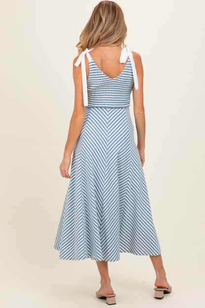 Light Blue Striped Smocked Shoulder Tie Maternity Midi Dress
