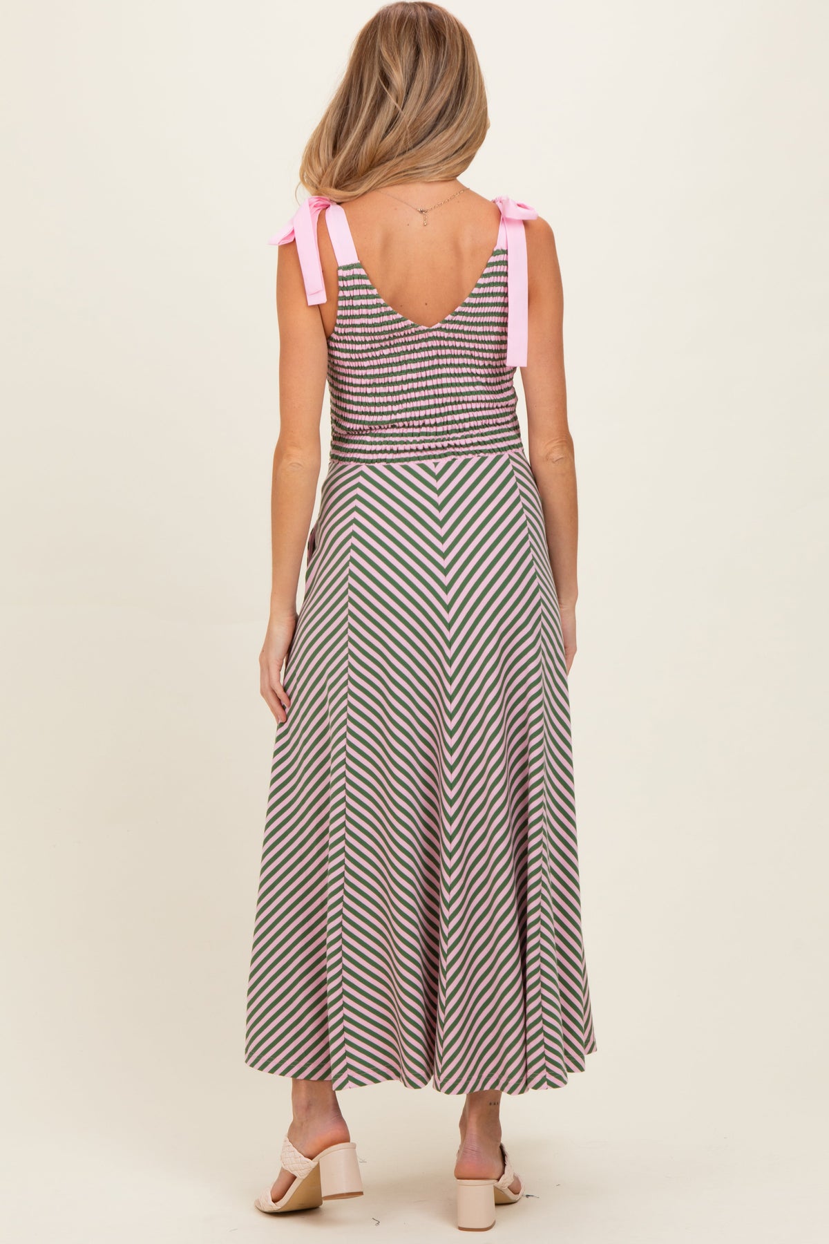 Olive Striped Smocked Shoulder Tie Maternity Midi Dress