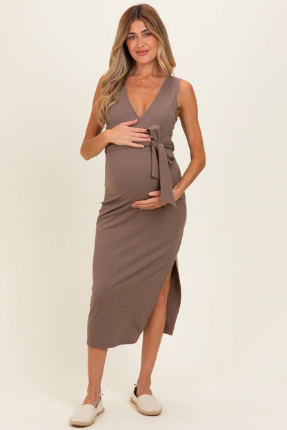 Mocha Sleeveless Wrap Maternity Midi Dress