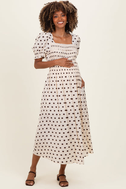 Ecru Polka Dot Smocked Maternity Midi Dress