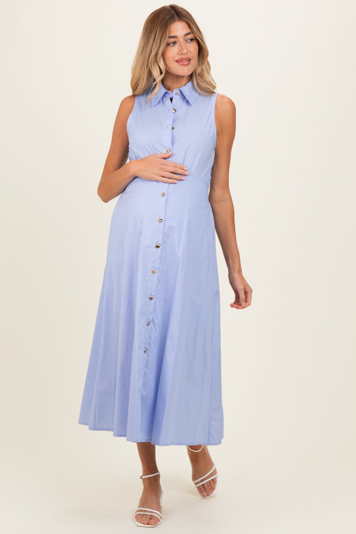 Chambray Button Up Sleeveless Maternity Midi Dress