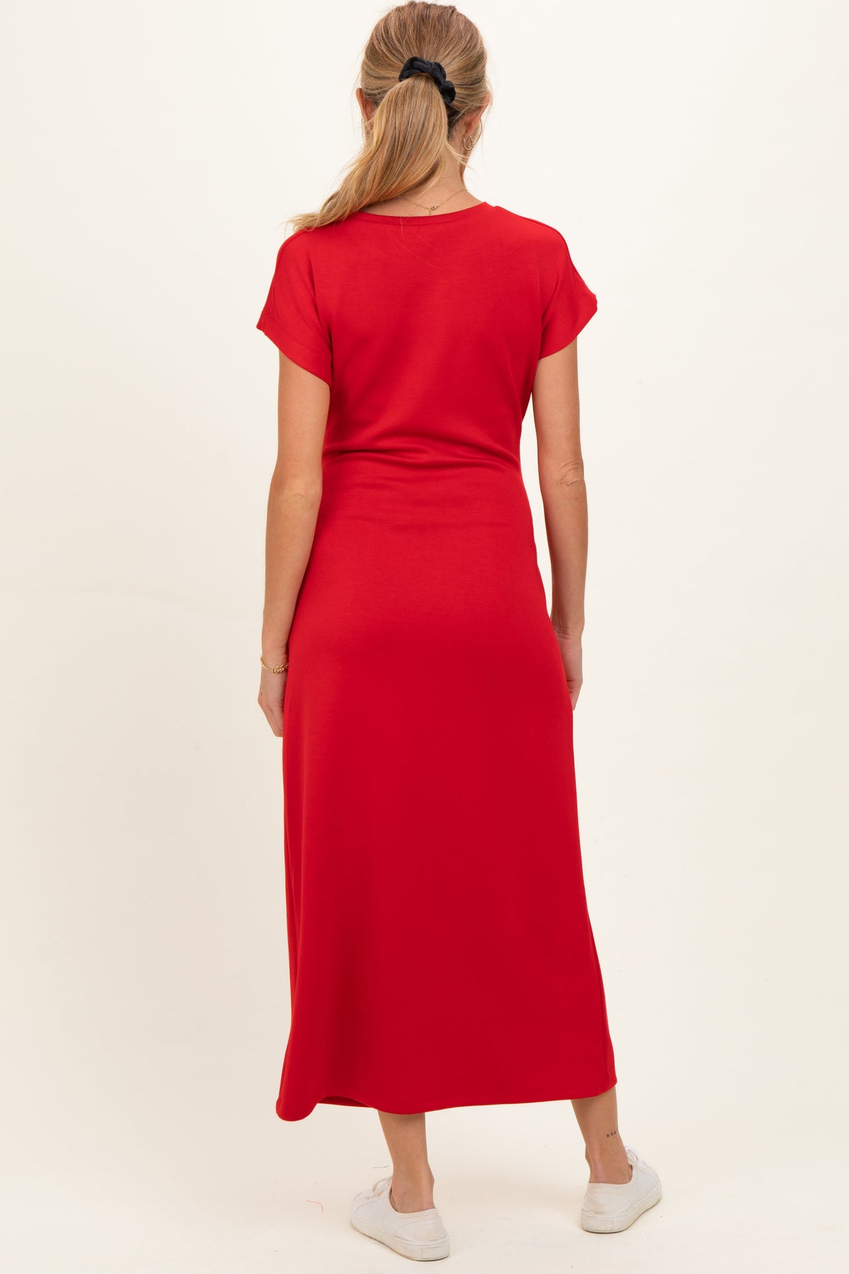 Red Side Tie Short Sleeve Maternity Midi Dress