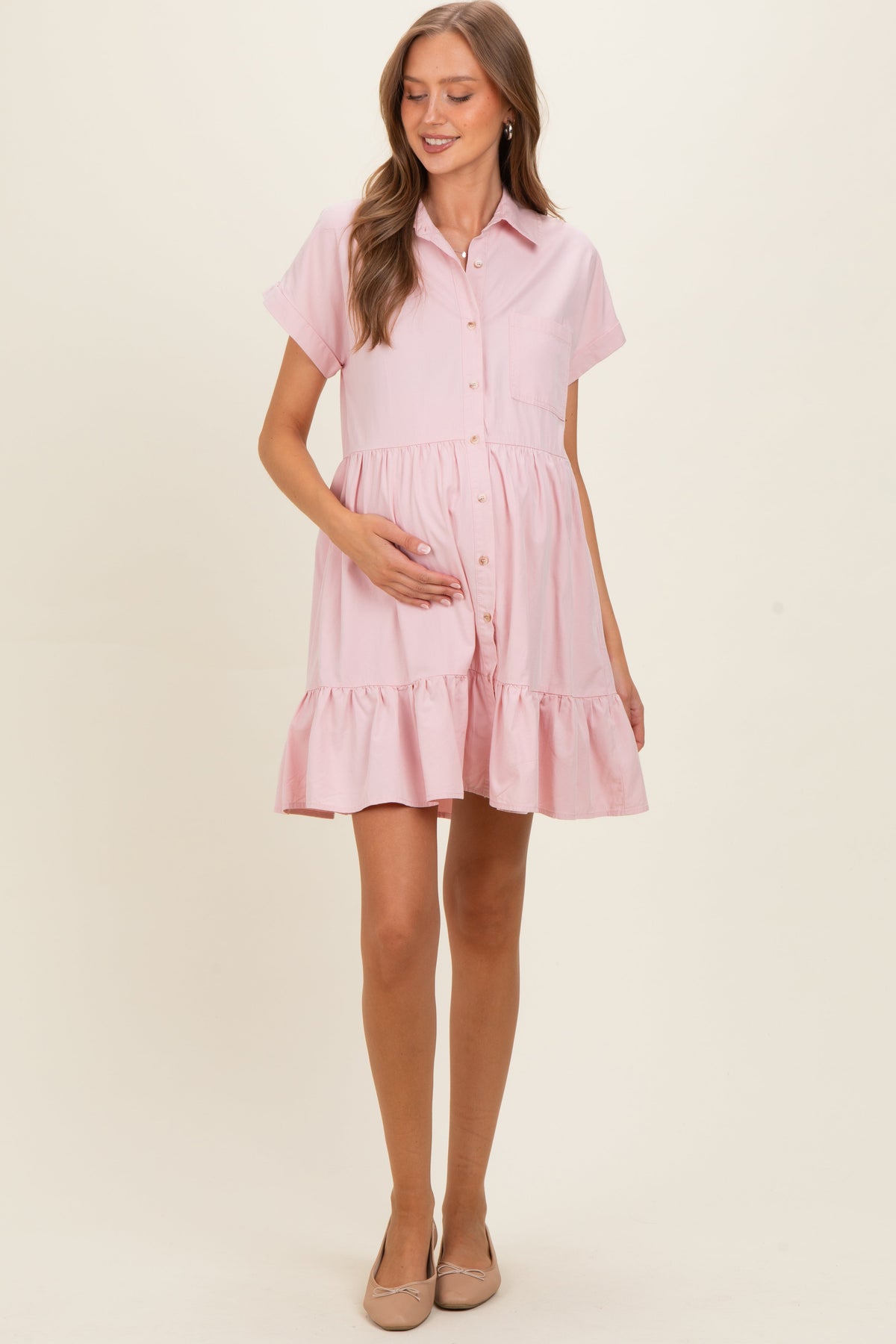 Rose Quartz Button Down Maternity Mini Dress