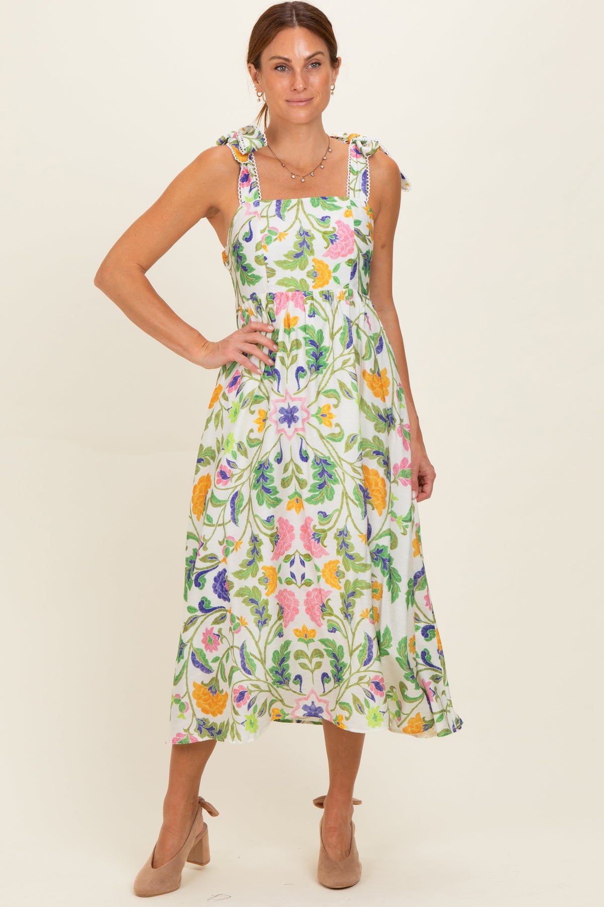 Lemongrass Floral Shoulder Tie Maternity Midi Dress