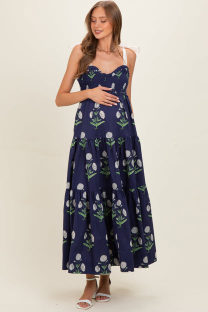 Navy Floral Sweetheart Neckline Smocked Maternity Maxi Dress