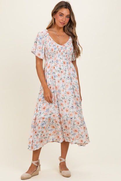 Multicolor Floral Smocked Flutter Sleeve Maternity Maxi Dress