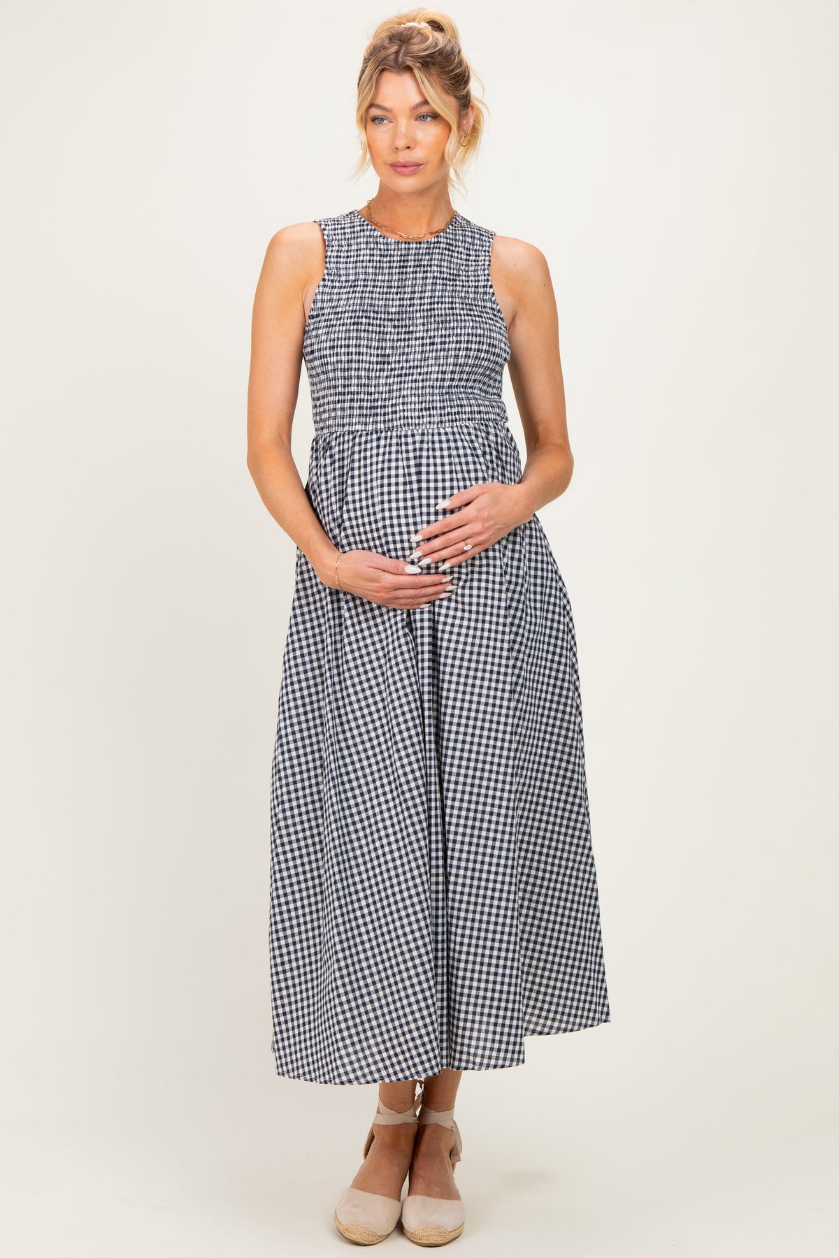 Navy Gingham Smocked Cutout Tie Back Maternity Maxi Dress