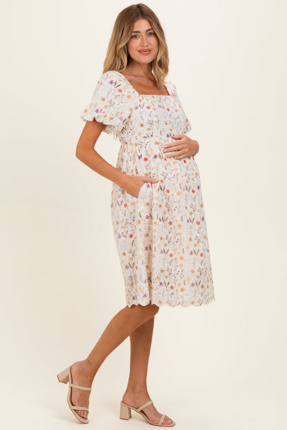 Ivory Floral Embroidered Maternity Mini Dress