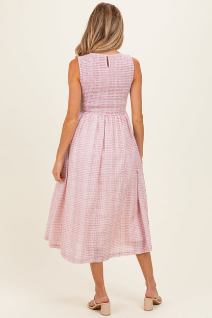 Blush Gingham Sleeveless Smocked Maternity Midi Dress