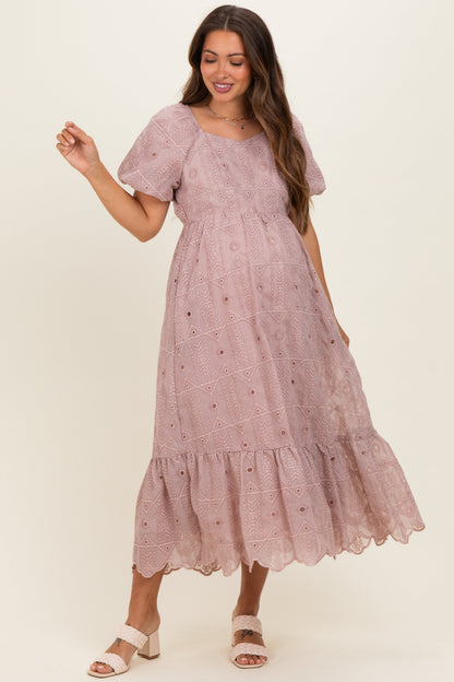 Mauve Printed Puff Sleeve Maternity Midi Dress