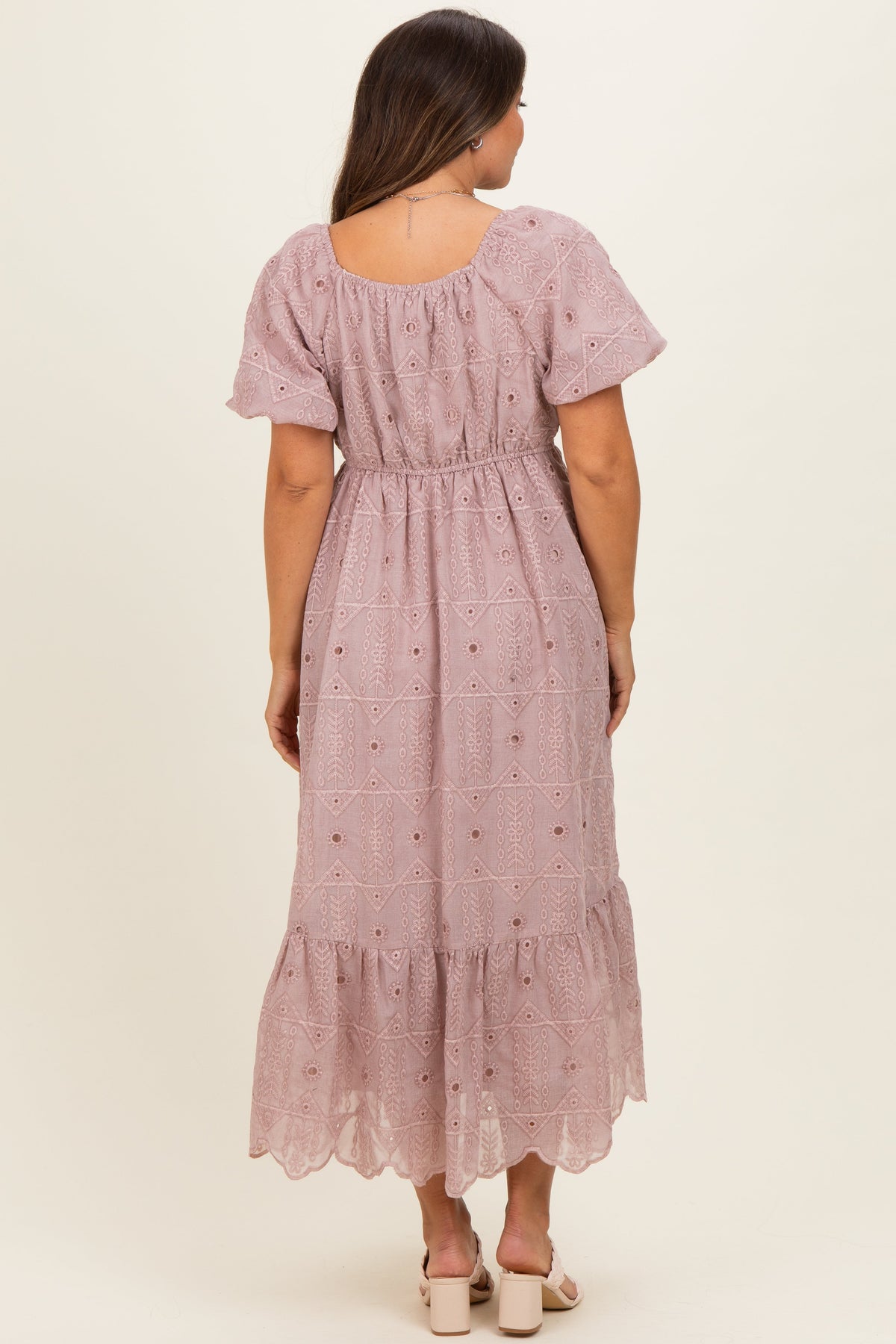 Mauve Printed Puff Sleeve Maternity Midi Dress