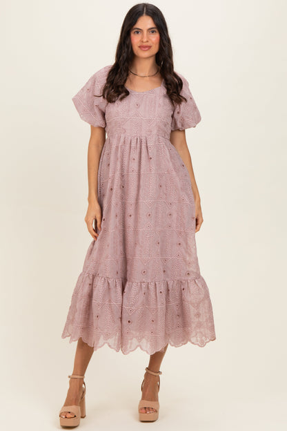 Mauve Printed Puff Sleeve Maternity Midi Dress