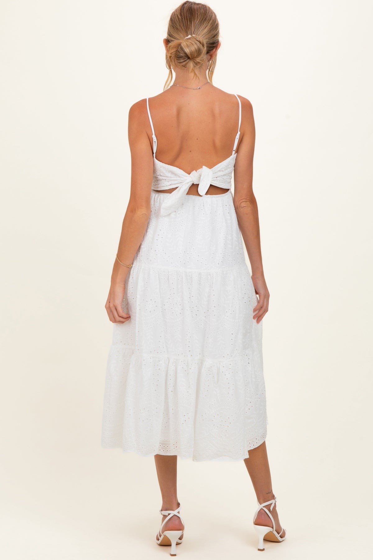 Off White Eyelet Lace Cutout Tie Back Maternity Midi Dress