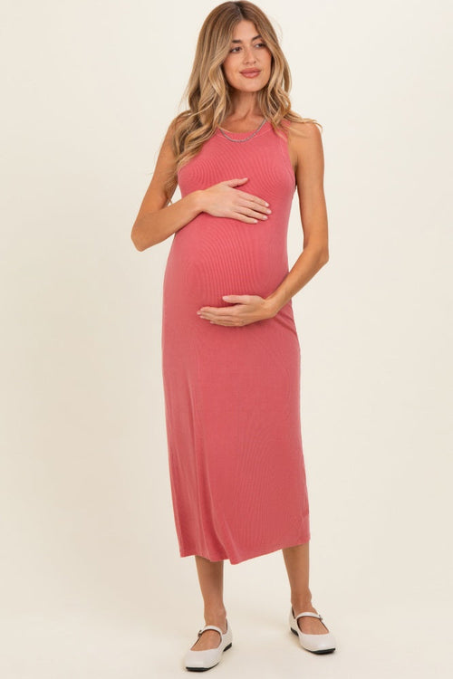 Dusty Rose Ribbed Maternity Midi Tank Dress