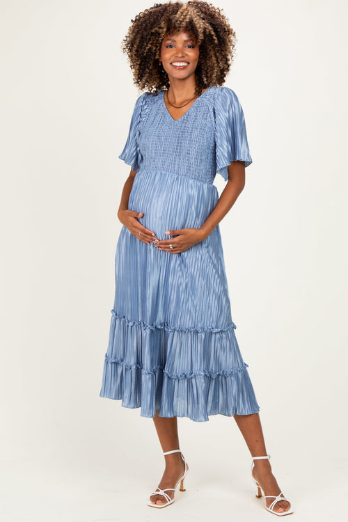 Blue Pleated Satin Smocked Maternity Midi Dress