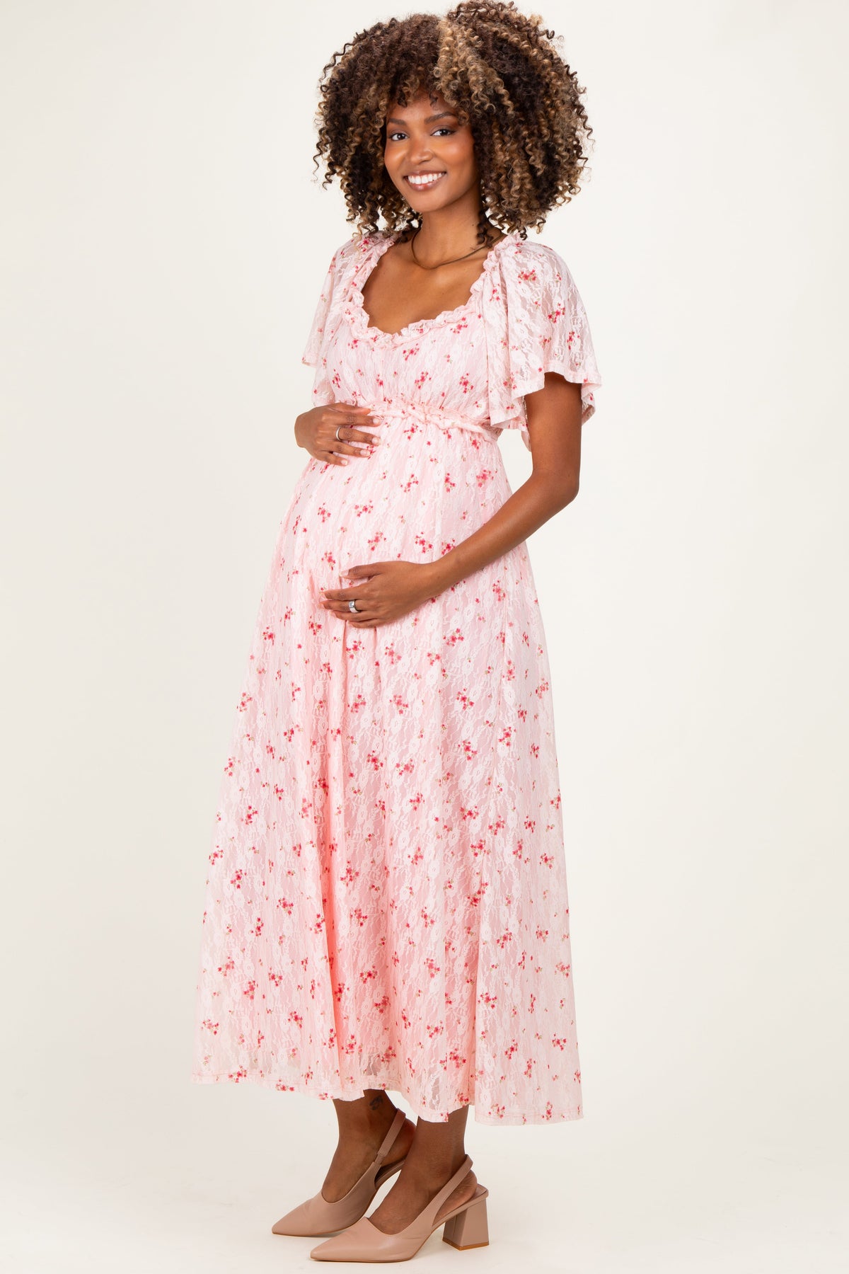 Peach Floral Lace Maternity Maxi Dress