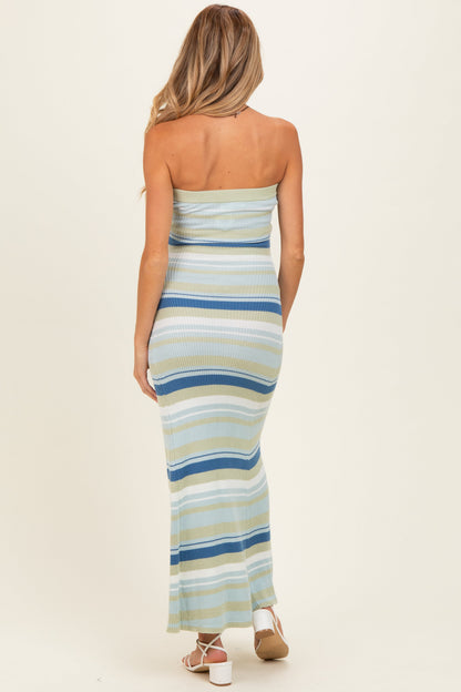 Blue Multi Striped Strapless Flare Maternity Maxi Dress