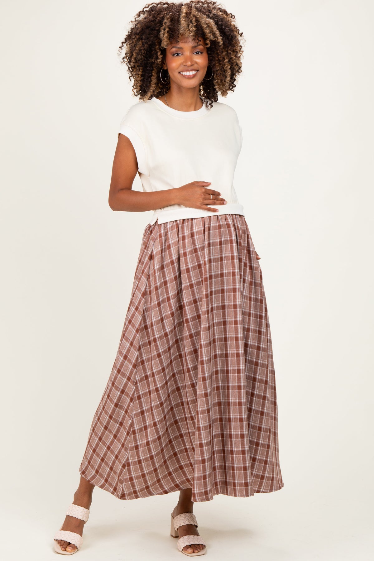 Cream/Mocha Plaid Cap Sleeve Maternity Midi Dress