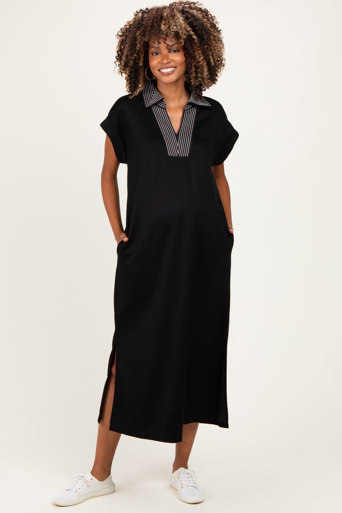 Black Striped Collared Side Slit Maternity Midi Dress