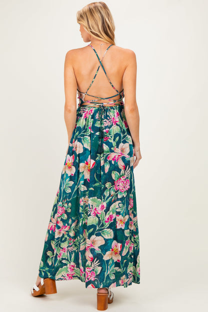 Deep Teal Floral Front Knot Open Back Maternity Maxi Dress