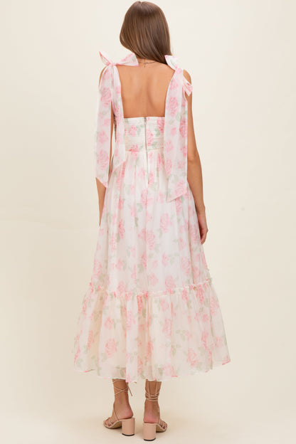 Pink Floral Chiffon Shoulder Tie Maternity Midi Dress