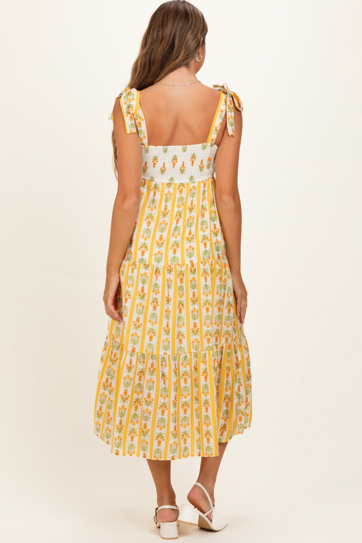 Yellow Striped Floral Shoulder Tie Maternity Midi Dress