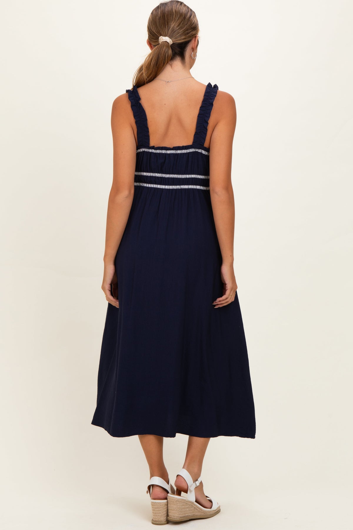 Navy Front Tie Sleeveless Maternity Midi Dress