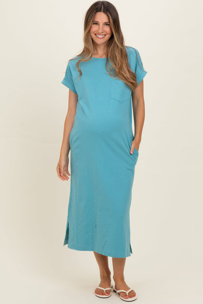 Dusty Teal Pocket Front Maternity Midi T-Shirt Dress