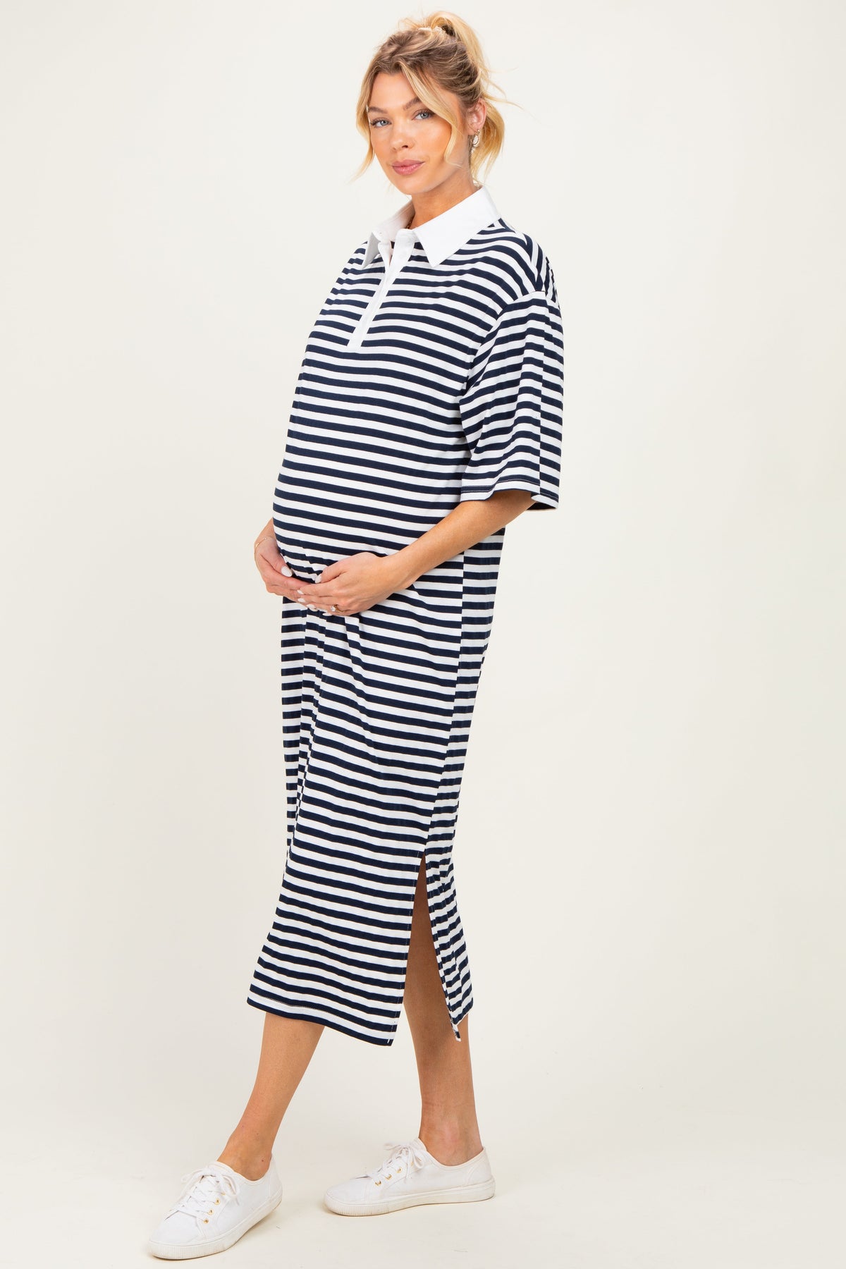 Navy Striped Oversized Maternity Polo Dress