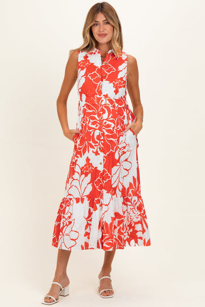 Red Floral Belted Sleeveless Maternity Shirt Dress