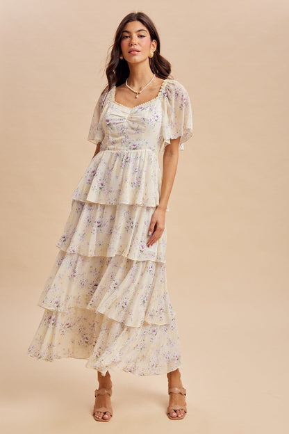 Lemon Floral Flounce Tiered Maternity Maxi Dress