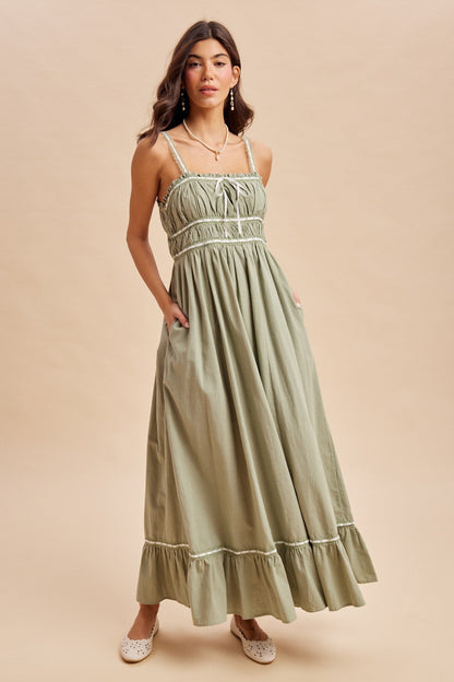 Light Olive Lace Ribbon Detail Maternity Maxi Dress