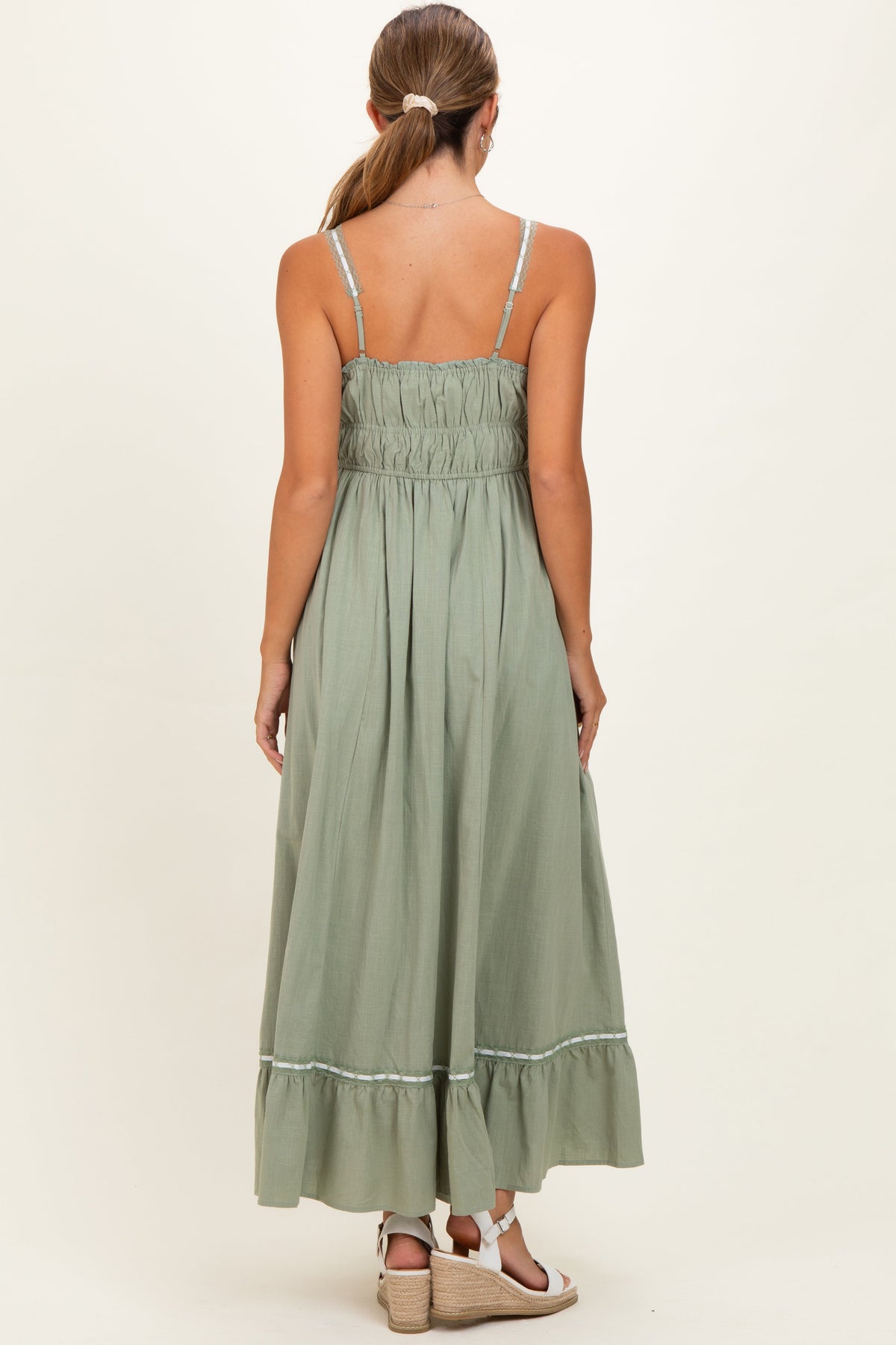 Light Olive Lace Ribbon Detail Maternity Maxi Dress