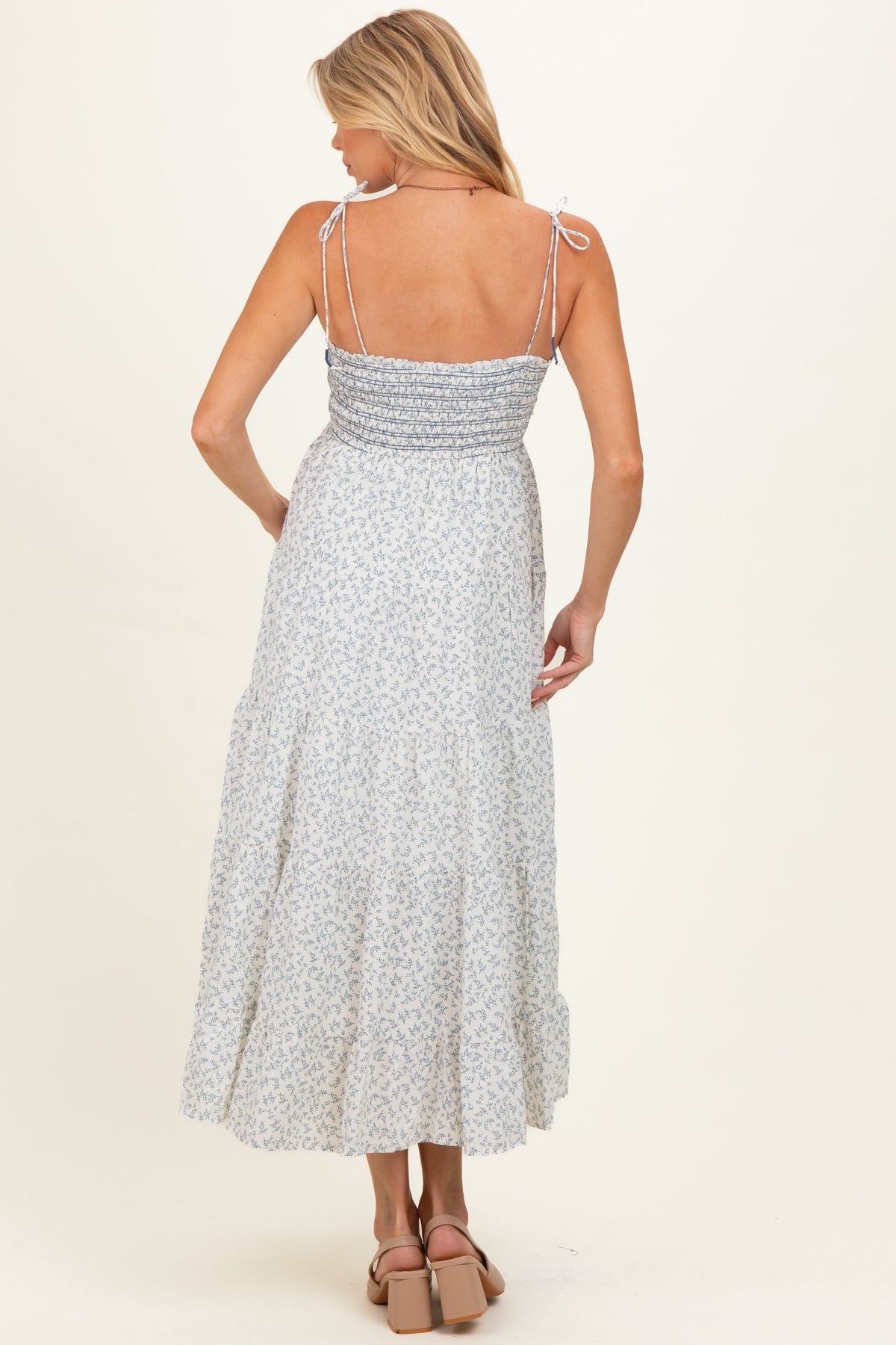 Cream Blue Floral Smocked Tiered Maternity Midi Dress
