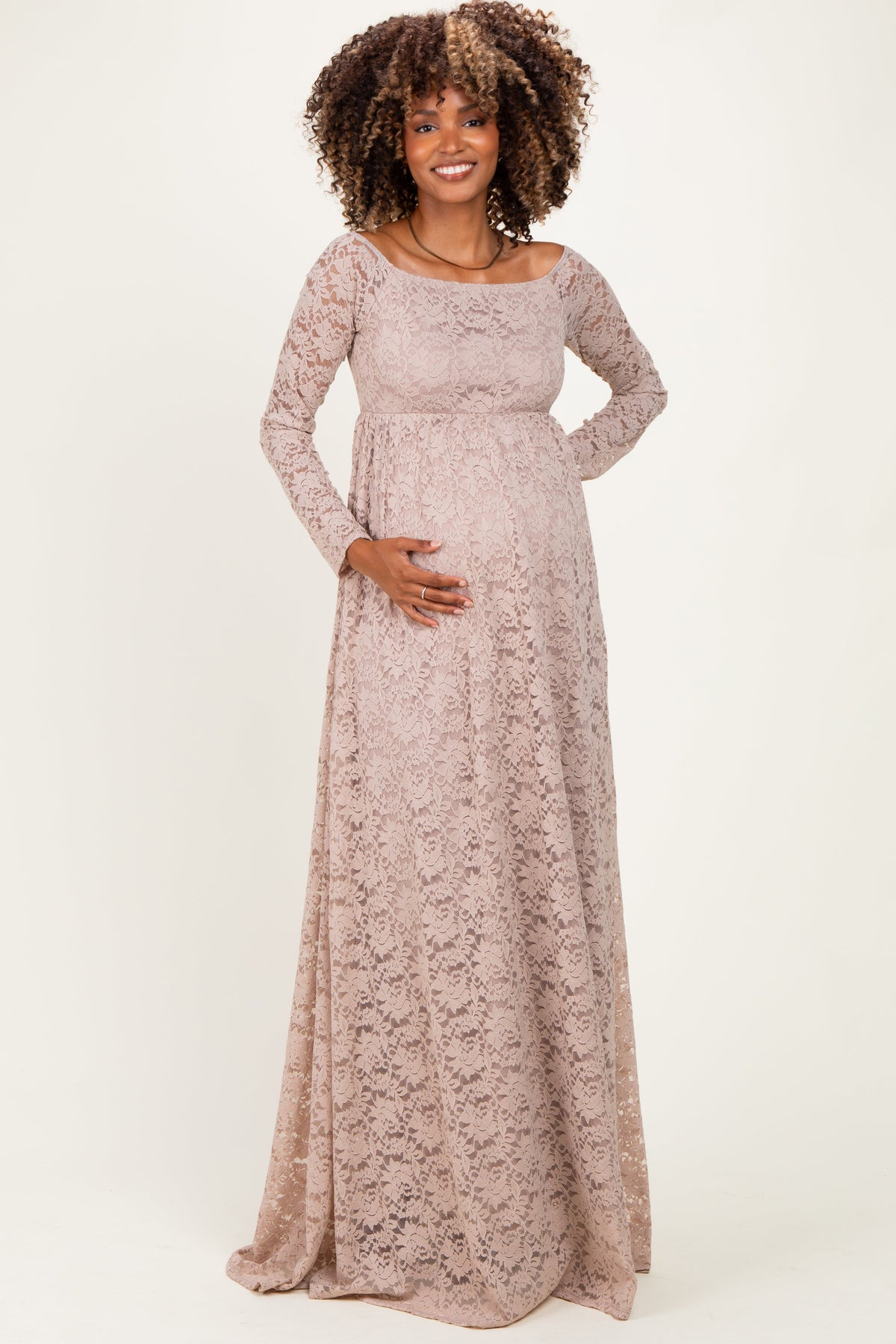 Mocha Floral Lace Long Sleeve Off Shoulder Maternity Maxi Dress