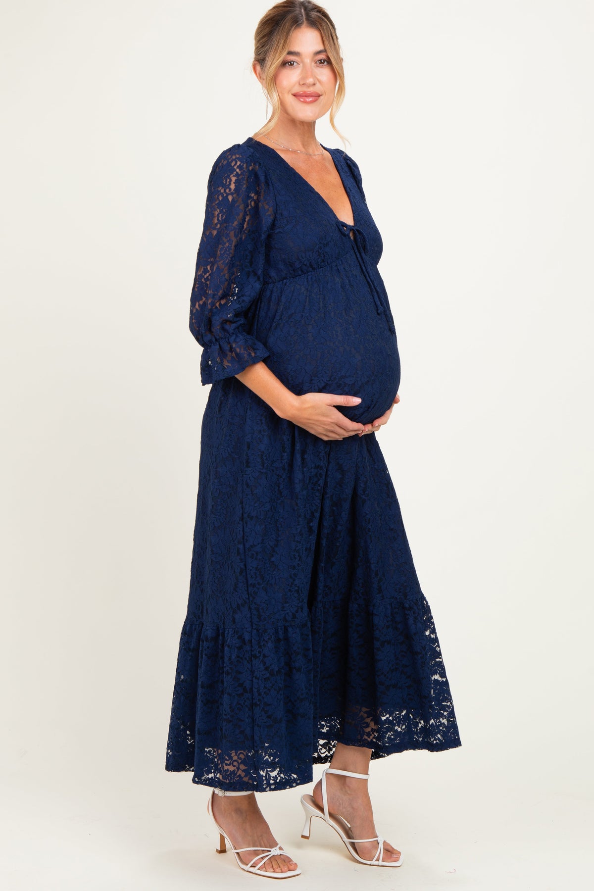 Navy Floral Lace 3/4 Ruffle Sleeve V-Neck Maternity Maxi Dress