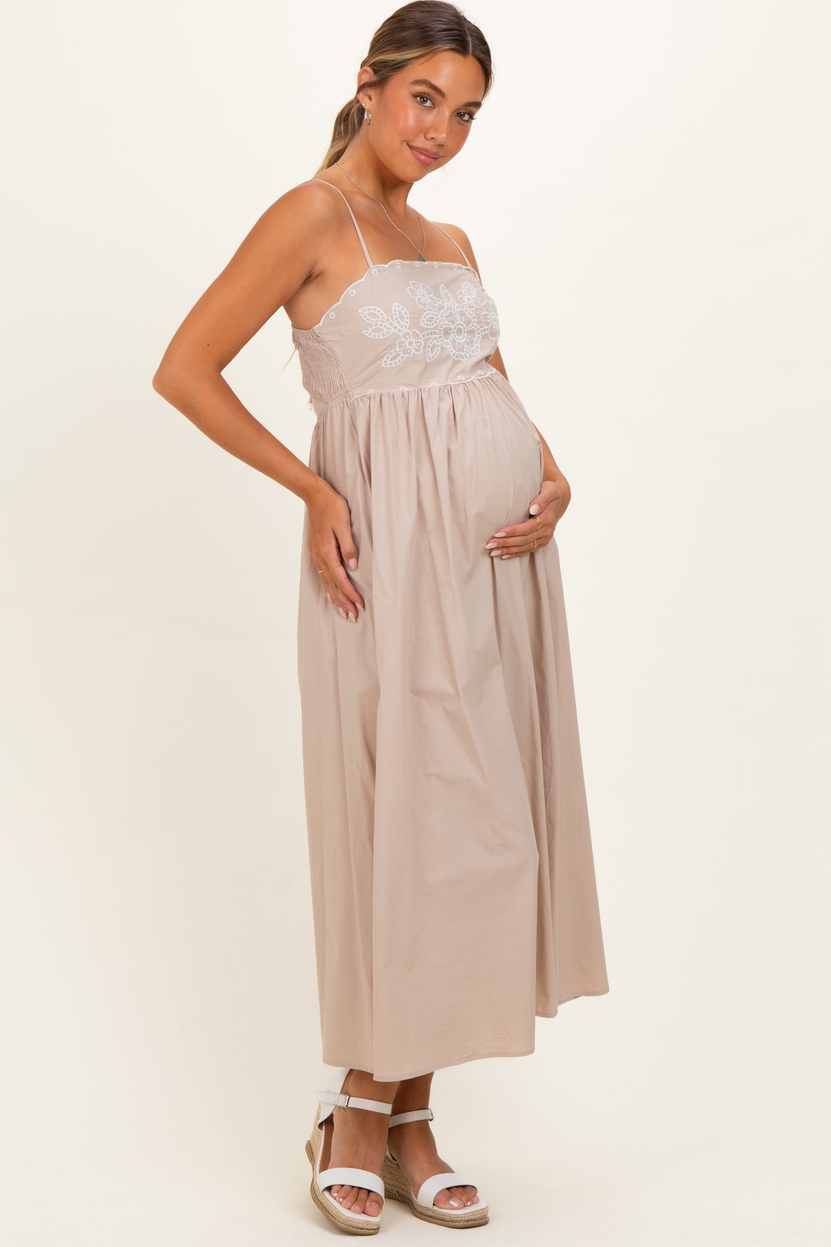 Beige Floral Embroidered Back Cut Out Maternity Maxi Dress