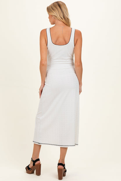 Off White Floral Textured Two Tone Rib Button Front Square Neck